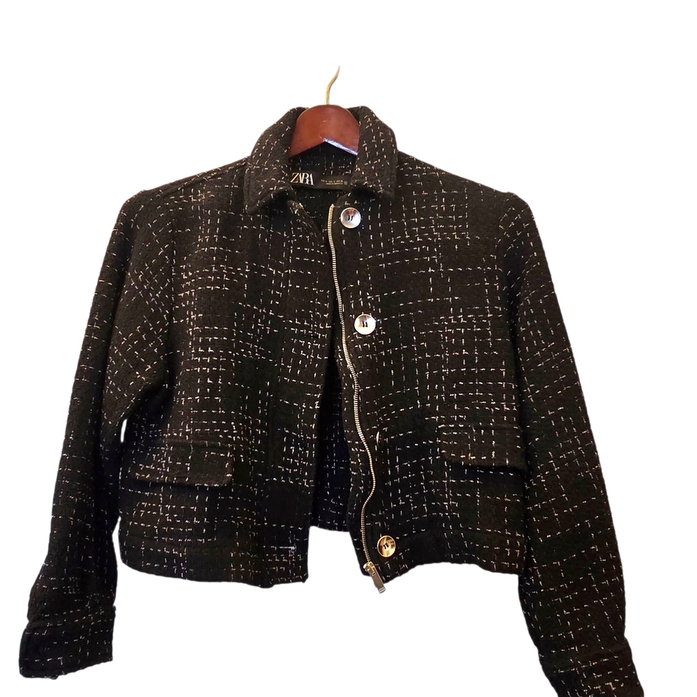 Zara Women's Black and White Tweed Blazer